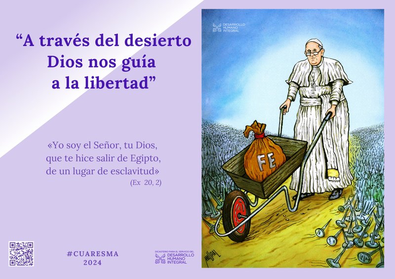 Una ilustración de Mauro Pallotta, conocido como “Maupal”, se ve en este póster publicado durante una presentación en el Vaticano acerca del mensaje de Cuaresma 2024 del Papa Francisco el 1 de febrero de 2024. La Cuaresma 2024 comienza el 14 de febrero, Miércoles de Ceniza, y concluye el 28 de marzo, Jueves Santo. (CNS photo/cortesía Dicasterio para el Servicio del Desarrollo Humano Integral)