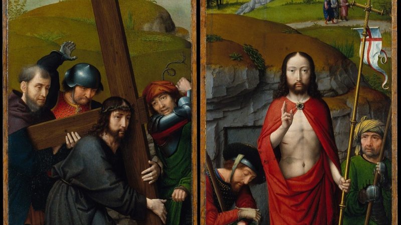 "Cristo llevando la cruz, con la Crucifixión; La Resurrección, con los peregrinos de Emaús", por Gerard David, c. 1510. (Museo Metropolitano de Arte)