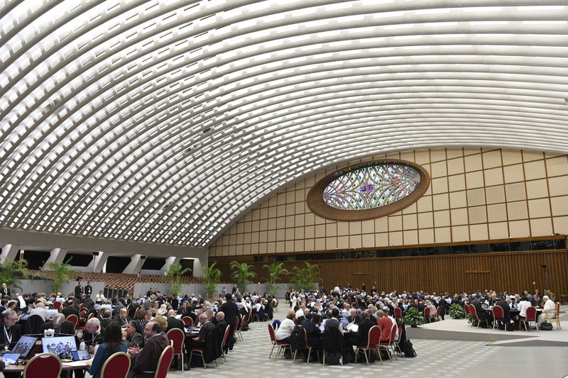 Los participantes en la asamblea del Sínodo de los Obispos se reúnen el 25 de octubre de 2023 para una sesión vespertina en el Aula Pablo VI del Vaticano. (CNS /Vatican Media)