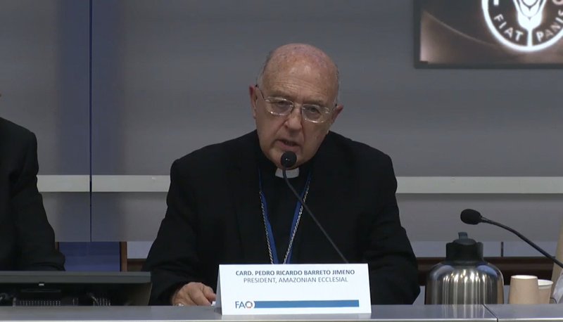 El cardenal peruano Pedro Barreto Jimeno, presidente de la Conferencia Eclesial de la Amazonía (CEAMA), habla en un evento sobre la Amazonía en la sede de la Organización de las Naciones Unidas para la Alimentación y la Agricultura en Roma el 4 de junio de 2024. (CNS screengrab/FAO)