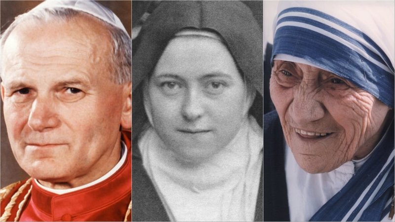 El Papa Juan Pablo II, a la izquierda, Santa Teresa de Lisieux, en el centro, y la Madre Teresa, a la derecha. (CNS file photo/Wikimedia Commons/CNS file photo)