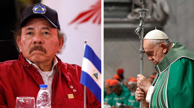 El presidente nicaragüense Daniel Ortega y el Papa Francisco aparecen en una foto combinada. El Vaticano confirmó el 9 de agosto de 2024 que siete sacerdotes expulsados de Nicaragua llegaron a Roma el 8 de agosto. Habían sido detenidos en un asalto a una diócesis dirigida por un obispo franco, mientras el régimen de Ortega seguía debilitando a la Iglesia y forzando al exilio a sus críticos. (Foto OSV News/Leonardo Fernández Viloria, Reuters/Vatican Media)