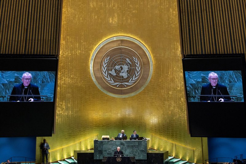 El Secretario de Estado de la Santa Sede, Cardenal Pietro Parolin, se dirige a la 79ª Asamblea General de las Naciones Unidas en la sede de la ONU en Nueva York el 28 de septiembre de 2024. (Foto OSV News/Eduardo Muñoz, vía Reuters)