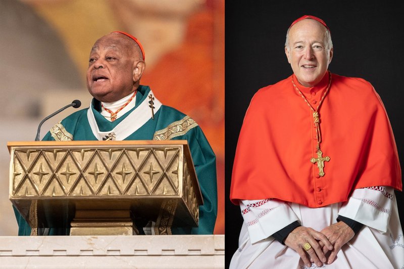 En esta foto compuesta de OSV News, el cardenal de Washington Wilton D. Gregory, a la izquierda, pronuncia su homilía durante la Misa de la Peregrinación Eucarística Nacional el 9 de junio de 2024, en la Basílica del Santuario Nacional de la Inmaculada Concepción. El Cardenal Robert W. McElroy, a la derecha, en esta foto sin fecha proporcionada por la Diócesis de San Diego. (Foto compuesta OSV News/Mihoko Owada, Catholic Standard/Cortesía de la Diócesis de San Diego)