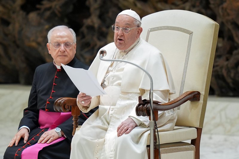 El Papa Francisco habla a los visitantes en el Aula de Audiencias Pablo VI durante su audiencia general semanal en el Vaticano el 29 de enero de 2025. (Foto CNS/Lola Gomez)