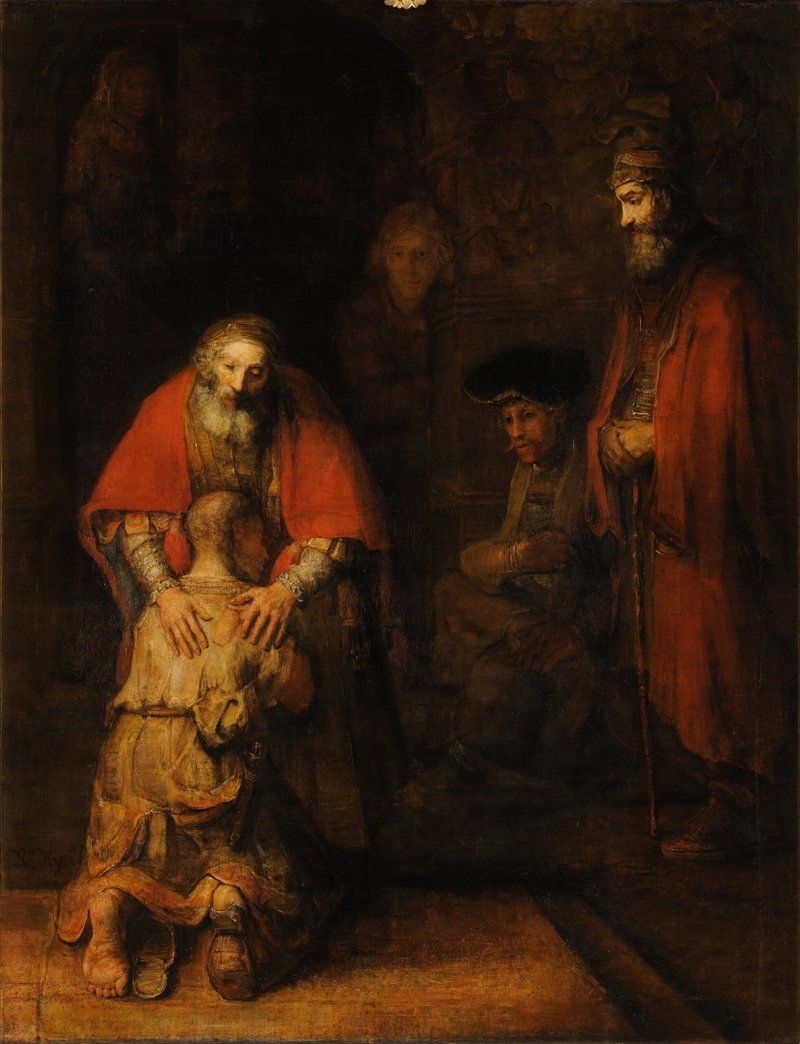 Esta fotografía de 2012 muestra la pintura del siglo XVII de Rembrandt, El regreso del hijo pródigo, que representa a un padre abrazando a su hijo arrepentido, simbolizando la misericordia sin límites de Dios. (Foto CNS/Wikipedia Commons)