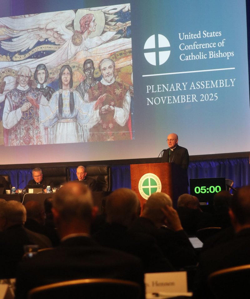 El obispo auxiliar James Massa, de Brooklyn, Nueva York, habla durante una sesión celebrada el 11 de noviembre de 2025 en la asamblea general de otoño de la Conferencia Episcopal Católica de Estados Unidos en Baltimore. (Foto de OSV News/Bob Roller)