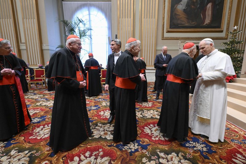 El papa León XIV saluda a los cardenales tras la reunión anual previa a la Navidad con los funcionarios de la Curia Romana y el Colegio Cardenalicio en la Sala de la Bendición, situada sobre el atrio de la basílica de San Pedro, en el Vaticano, el 22 de diciembre de 2025. (Foto CNS/Vatican Media)