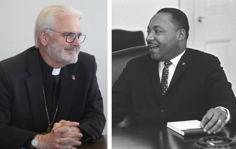 El arzobispo Paul S. Coakley de Oklahoma City, presidente de la Conferencia de Obispos Católicos de los Estados Unidos, y el reverendo Martin Luther King Jr., aparecen en una foto combinada. Con motivo del Día de Martin Luther King Jr., el 19 de enero, el arzobispo Coakley instó a los católicos a reflexionar sobre cómo están llamados a ser “tambores mayores de la justicia” en sus propias comunidades, basándose en las palabras del líder de los derechos civiles y en la misión evangélica de la Iglesia, en una declaración publicada el 13 de enero de 2026 por la USCCB. (Foto OSV News/Bob Roller/Biblioteca LBJ)