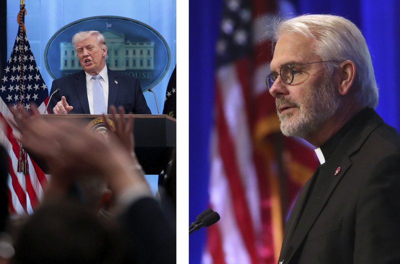 El presidente de los Estados Unidos, Donald Trump, y el arzobispo Paul S. Coakley de Oklahoma City, presidente de la Conferencia de Obispos Católicos de los Estados Unidos, aparecen en una fotografía compuesta. En un comunicado del 7 de abril, el arzobispo Coakley afirmó que "la amenaza de destruir toda una civilización y los ataques deliberados contra infraestructuras civiles no pueden justificarse moralmente", e instó a Trump a que se "aleje del precipicio". (Foto OSV News/ Evan Vucci, Reuters/Bob Roller)