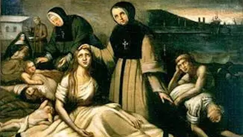 “Le Typhus”, pintura votiva de Théophile Hamel (1817-1870), artista canadiense, instalada en el techo de la entrada de la iglesia Notre-Dame-de-Bon-Secours, en Montreal. (Wikimedia Commons)