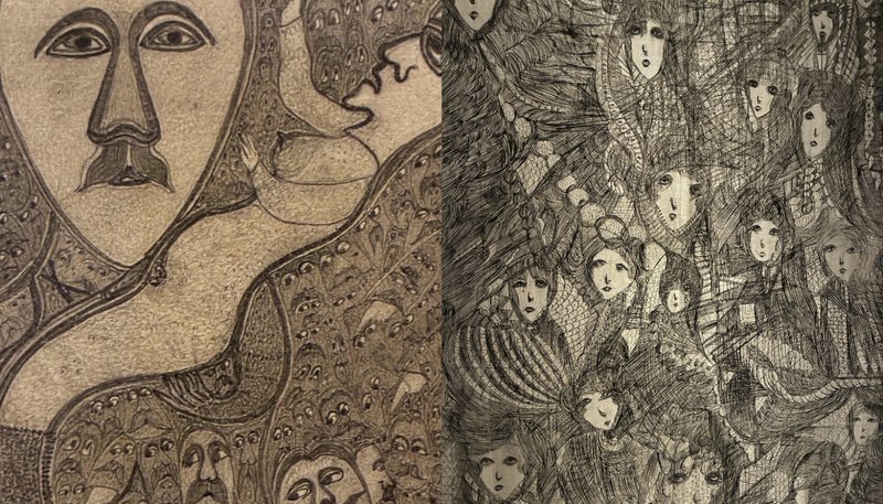 (Izquierda) Obra sin título de Edmund Monsiel (1897-1962), artista polaco. (Derecha) Obra sin título de Madge Gill (1882-1961), artista inglesa. (Museo de Arte Popular Americano)