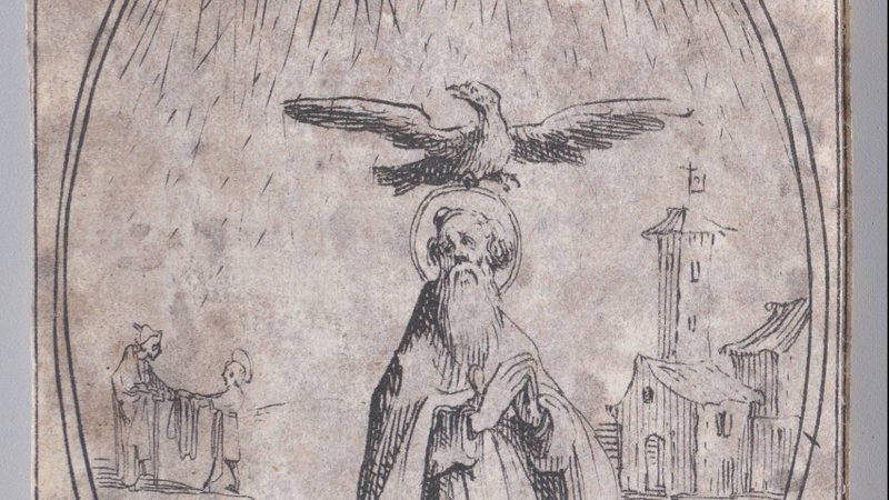 “San Medardo, obispo”, grabado de la obra Imágenes de todos los santos y fiestas religiosas del año (Les Images de Tous Les Saincts et Saintes de L'Année), realizada por Jacques Callot en 1636. (Museo Metropolitano de Arte)