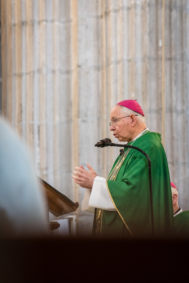 Catholic bishop in green vestments speaking at a lectern during a church service, wearing a pink zucchetto and glasses.