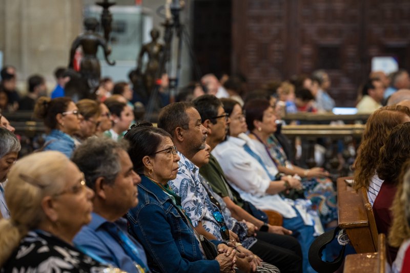 Crowd of diverse adults seated in rows at a public event or lecture, attentively facing forward in a large hall