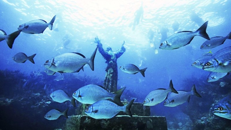 Una réplica de la estatua “Cristo del Abismo”, del escultor italiano Guido Galletti, rodeada de peces en el Parque Estatal John Pennekamp de Key Largo, Florida. (CNS/cortesía de VISIT FLORIDA)