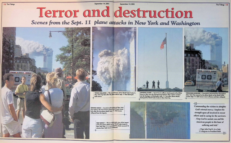 Páginas centrales de The Tidings dedicadas a los atentados terroristas del 11 de septiembre.