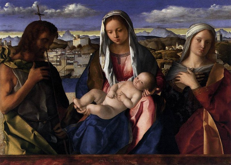 “Madonna and Child with St. John the Baptist and a Saint,” by Giovanni Bellini, 1430-1516, Italian. (Wikimedia Commons)