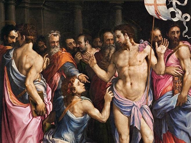 “The Incredulity of St. Thomas,” by Francesco de’ Rossi, 1510-1563, Italian
