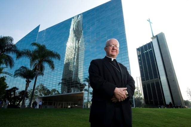 Bishop Vann in front of Christ Cathedral. (Courtesy Diocese of Orange via Crux)