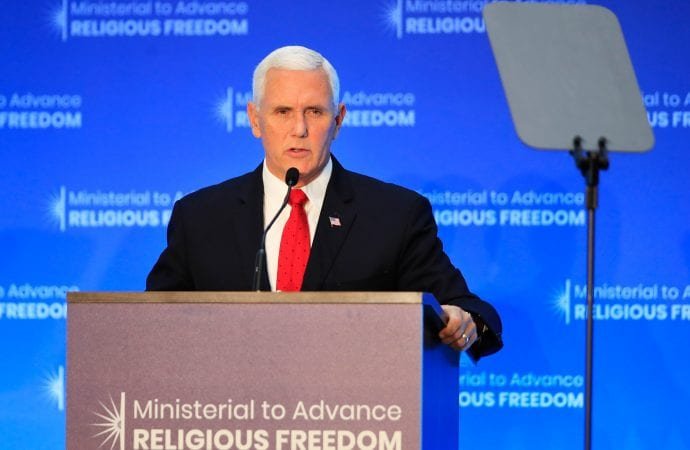 Vice President Mike Pence speaks at the close of a three-day conference on religious freedom at the State Department in Washington