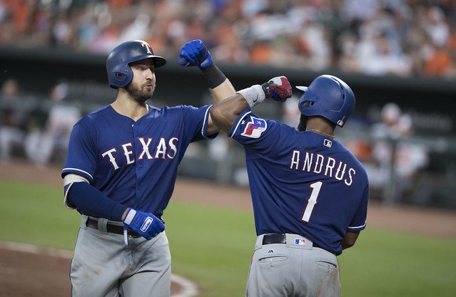 Joey Gallo and Elvis Andrus at a Rangers v. Orioles game in 2017. (FLICKR)