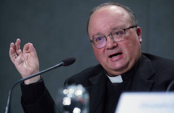 Malta's Archbishop Charles Scicluna talks to journalists during a press conference to present the new sex abuse law