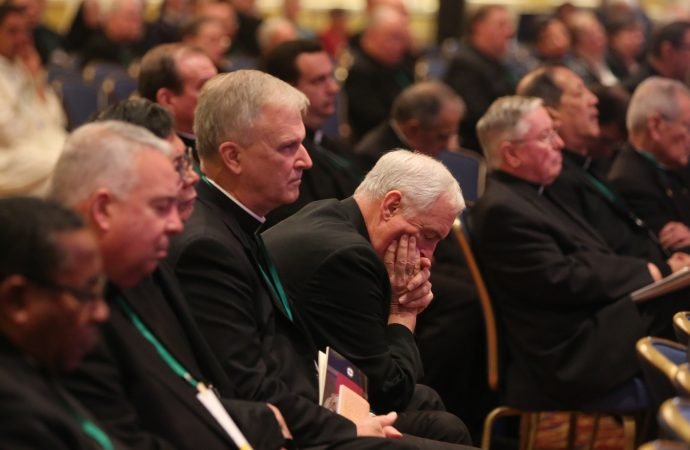Prelates pray before the Blessed Sacrament in the chapel during a day of prayer Nov. 12 at the fall general assembly of the U.S. Conference of Catholic Bishops in Baltimore. (CNS photo/Bob Roller)