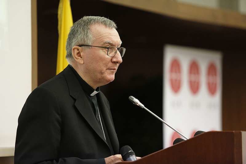 Cardinal Pietro Parolin at an Aid to the Church in Need press conference in Rome