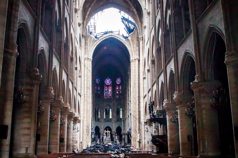 The damaged roof of Notre-Dame Cathedral in Paris is pictured April 16