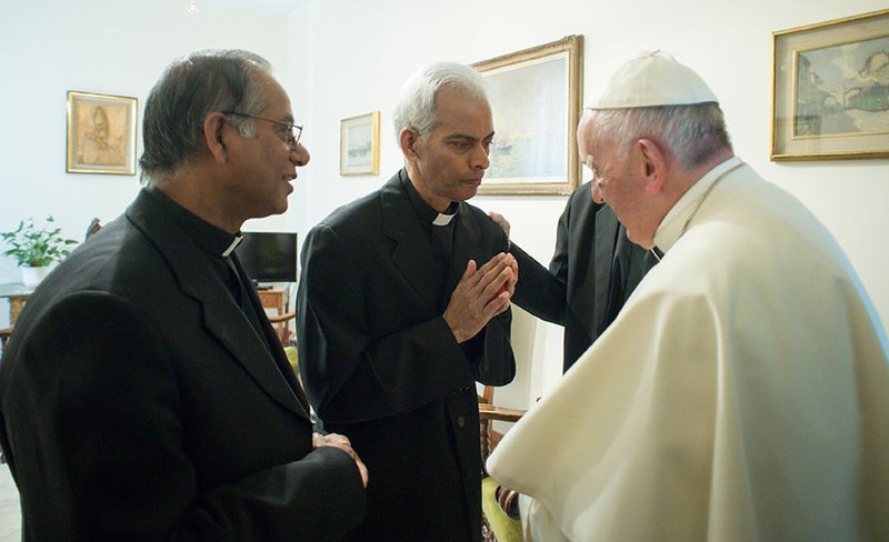 Pope Francis blesses Salesian Father Tom Uzhunnalil during a private meeting at the Vatican Sept. 13. The priest was released Sept. 12 after having been kidnapped 18 months ago in Yemen. (CNS photo/L'Osservatore Romano)