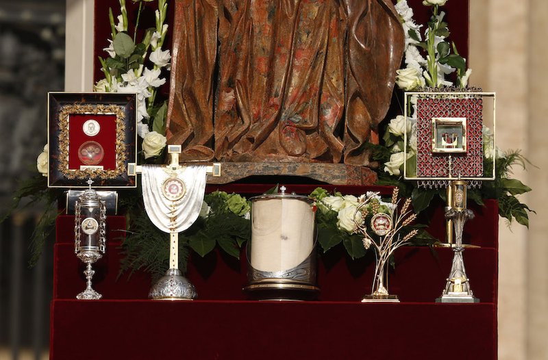 The relics of new saints are seen before the canonization Mass for seven new saints celebrated by Pope Francis in St. Peter's Square at the Vatican Oct. 14. Among the new saints are St. Paul VI and St. Oscar Romero.(CNS photo/Paul Haring)