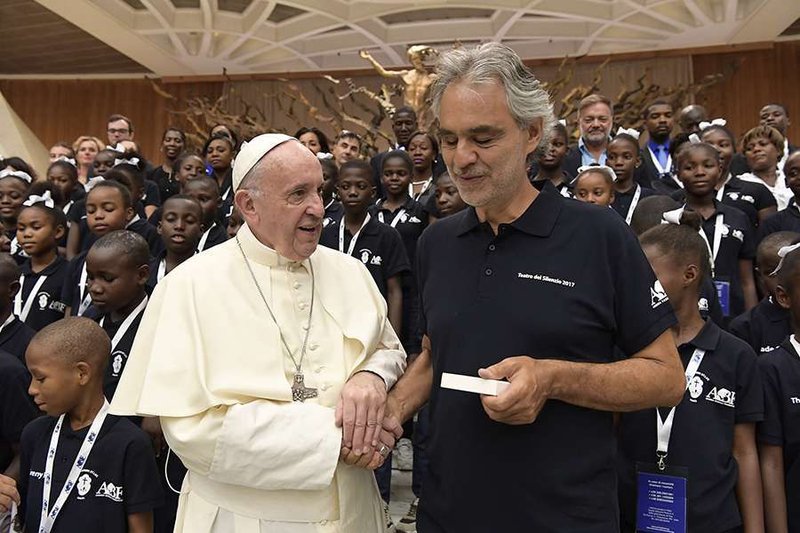 Pope Francis with Andrea Bocelli at the general audience in the Paul VI Hall on Aug. 2