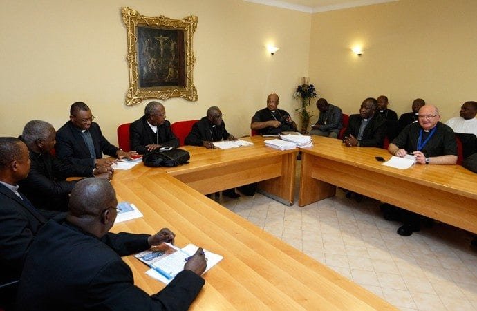 African cardinals and bishops participating in the Synod of Bishops on the family gathered for a meeting in Rome Oct. 7. At the head of the table are Cardinal John Njue of Nairobi