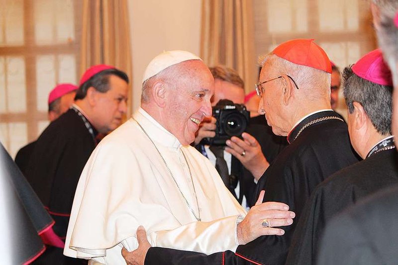 Pope Francis speaks to CELAM representatives and bishops from Latin America in the Bogota Nunciature on Sept. 7