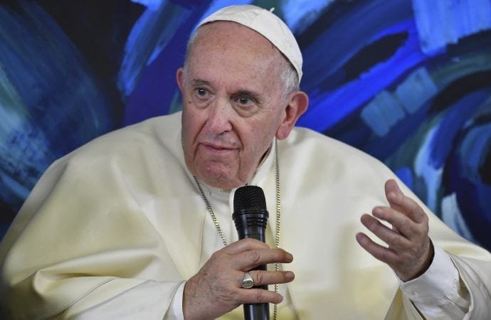 Pope Francis takes part in a global live video conference at the headquarters of the Pontifical Foundation for Education "Scholas Occurrentes" in Rome Thursday