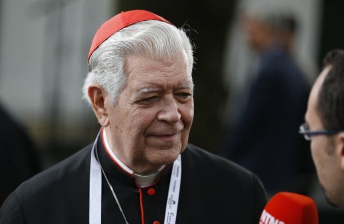 Cardinal Jorge Urosa Savino of Caracas, Venezuela, is interviewed near the apostolic nunciature prior to the start of Pope Francis's meeting with the executive committee of the Latin American bishops' council in Bogota, Colombia, Sept. 7, 2017. (CNS photo/Paul Haring via Crux)