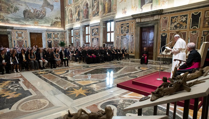 Pope Francis leads an audience with participants of an international meeting of schools, movements and associations of the new evangelization at the Vatican Sept. 21, 2019. The pope said the church should be more concerned with welcoming those who are far from the church rather than defending its good name. (CNS photo/Vatican Media)