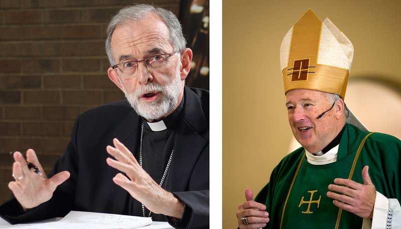 Bishops Robert W. McElroy of San Diego and Lionel Gendron of Saint-Jean-Longueuil, Quebec, are pictured in a combination photo. Pope Francis has named them and other members of his international Council of Cardinals to be voting members of the Synod of Bishops for the Amazon. (CNS photo/Francois Gloutnay, Presence/David Maung)