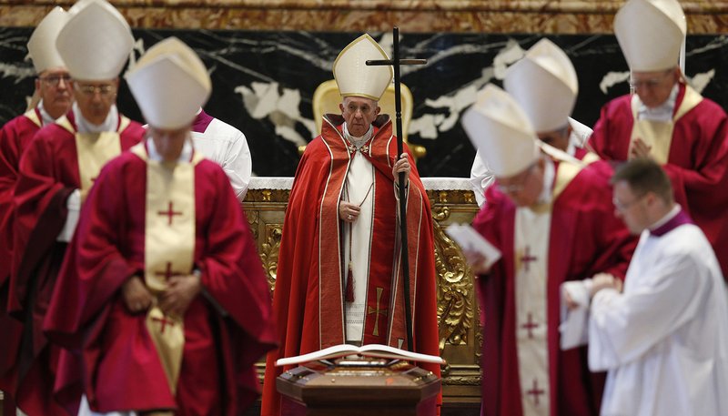 Pope Francis concludes the rite of commendation during the funeral Mass of U.S. Cardinal William J. Levada in St. Peter's Basilica at the Vatican Sept. 27, 2019. Cardinal Levada, the former head of the Vatican's doctrinal congregation and retired archbishop of San Francisco and Portland, Oregon, died Sept. 26 in Rome. He was 83. (CNS photo/Paul Haring)
