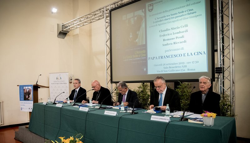 Speakers attend the presentation of the book, "The Accord Between the Holy See and China," in Rome Sept. 26, 2019. The Italian book discusses the 2018 provisional agreement between the Vatican and China, its historical roots and the future of Catholicism in China. Pictured from left are: Marco Impagliazzo, president of the Community of Sant'Egidio; Archbishop Claudio Maria Celli, who retired as head of the Pontifical Council for Social Communications; Romano Prodi, an economist and former Italian prime minister; Andrea Riccardi, a historian and founder of the Community of Sant'Egidio; and Father Federico Lombardi, former Vatican spokesman. (CNS photo/courtesy Marco Pavani, Community of Sant'Egidio)