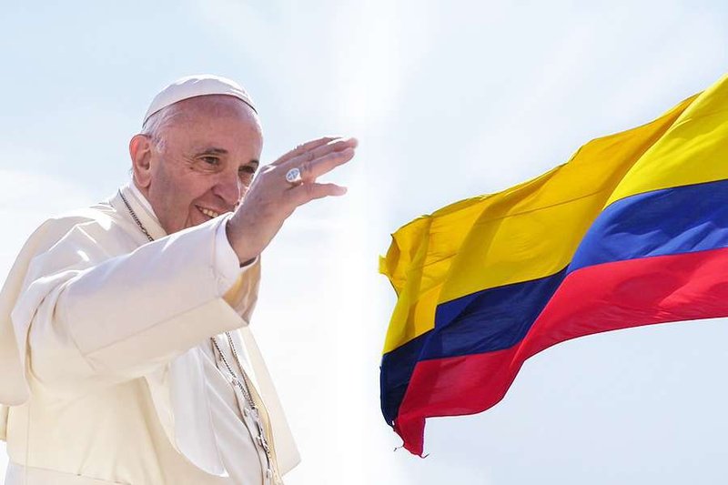 Pope Francis (Credit: Polifoto Shutterstock) Colombia flag (Credit: J Stephen Conn/Flickr CC BY NC 20/CNA)