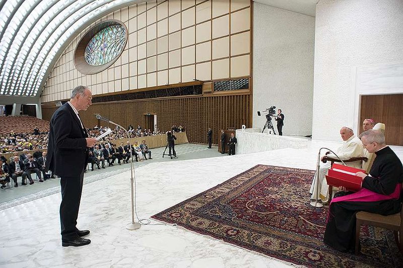 Pope Francis meets with participants of Serra International's 75th international convention in the Vatican's Paul VI Hall