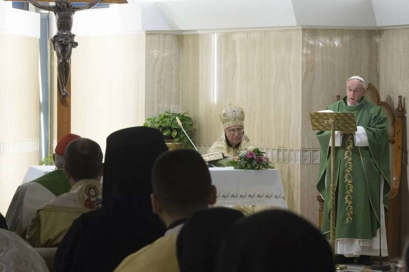Pope Francis says Mass with Patriarch Youssef Absi at Casa Santa Marta Feb. 13