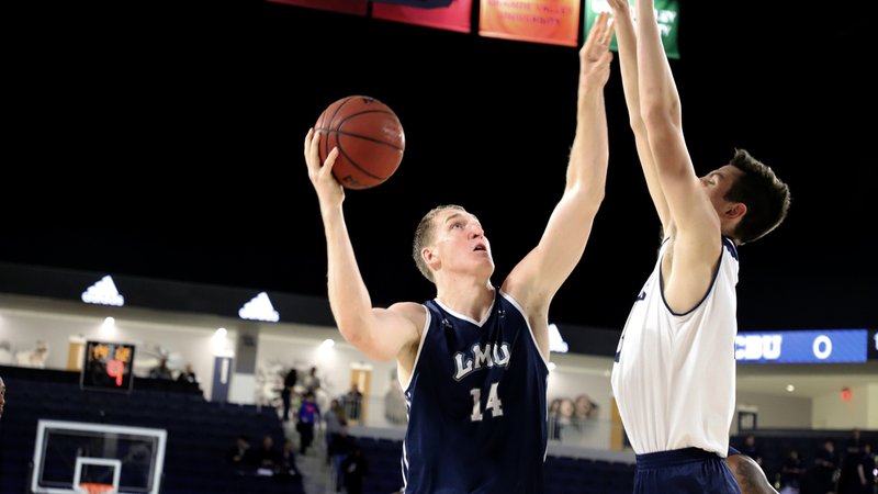 Mattias Markusson converts the winning basket against Cal Baptist March 20 that advanced the Lions to the quarterfinals of the CBI Tournament. (CREDIT: LMU ATHLETICS)
