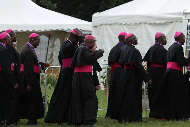 Bishops attending a meeting of religious and clerics with Pope Francis at St. Mary's School in Nairobi