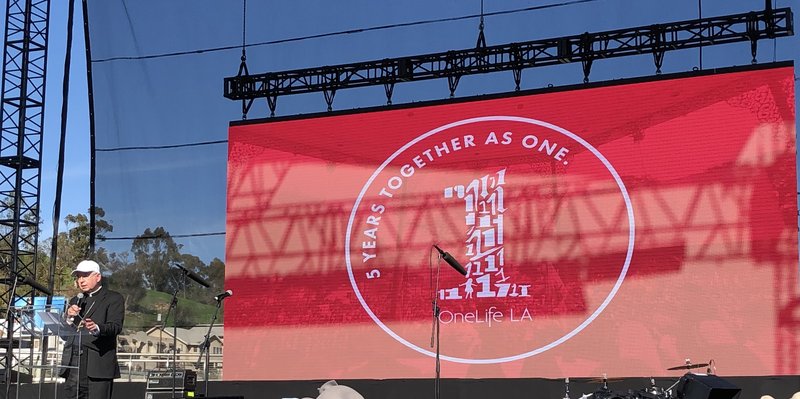 Archbishop Gomez opens up the festivities at OneLifeLA on Sat.