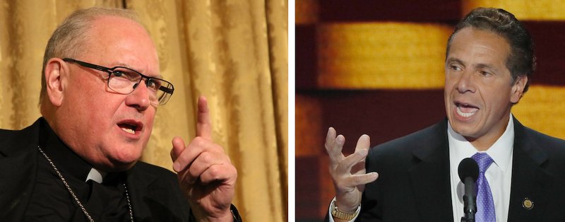 New York Cardinal Timothy M. Dolan and New York Gov. Andrew Cuomo are seen in a 2017 and 2016 combination photo. On SiriusXM radio Jan. 29