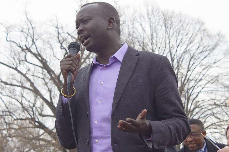 Manyang Reath Kher speaks March 28 at a refugee rally outside the White House. Credit: Jonah McKeown/CNA.