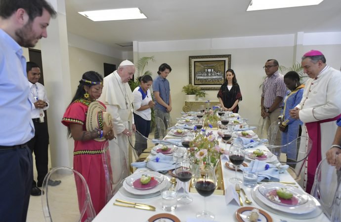 Pope Francis has lunch with a group of World Youth Day pilgrims at the San Jose seminary in Panama City Jan. 26
